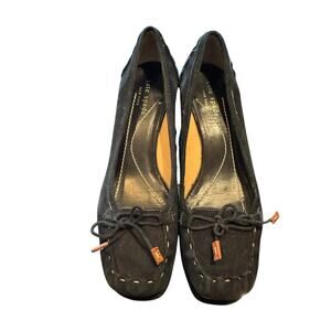 Kate Spade Black Suede Laney Moc Toe Kitten Heel Tassel Loafer Size 7.5